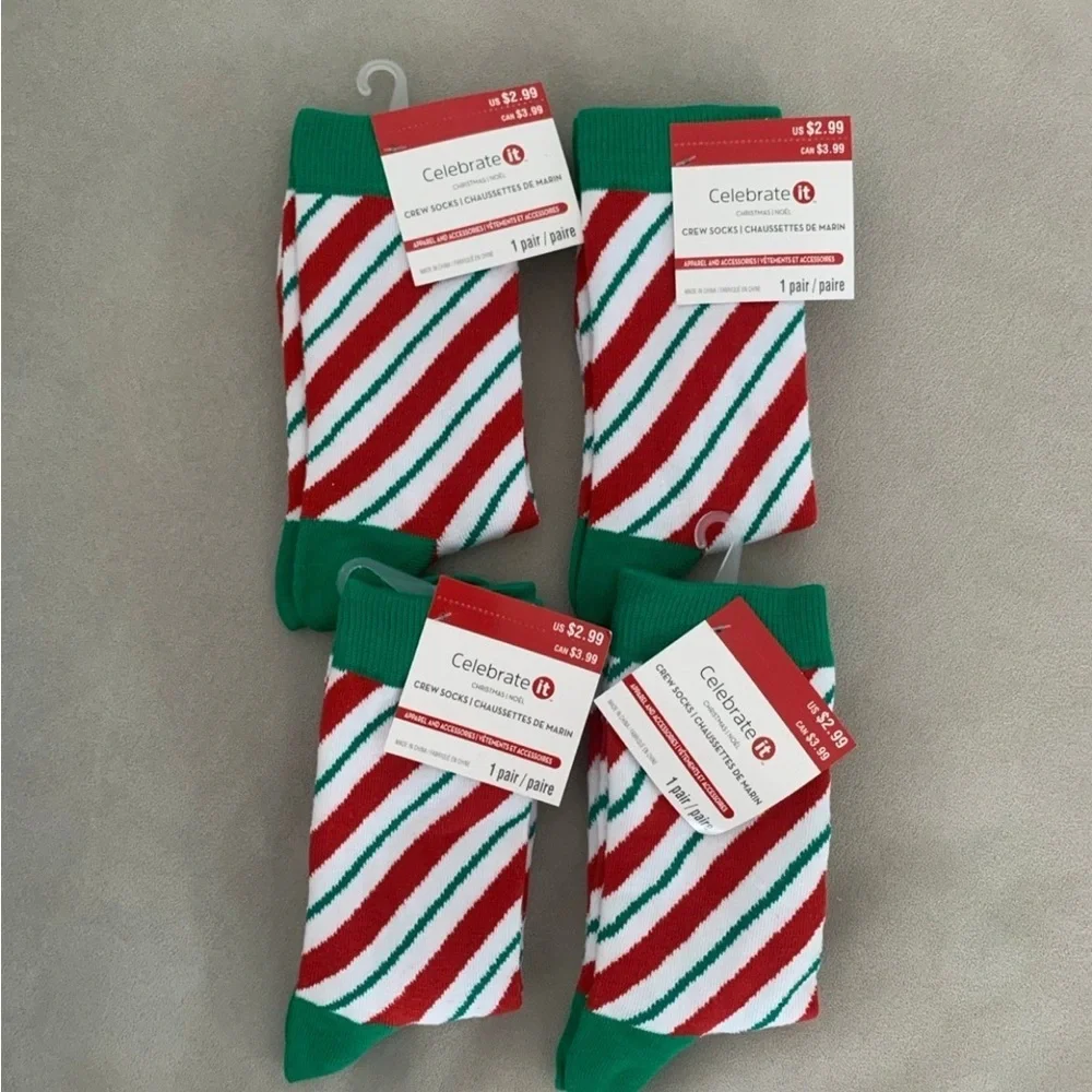 NWT Adult Christmas Socks Red, Green White Candy Cane Stripes Set of 4